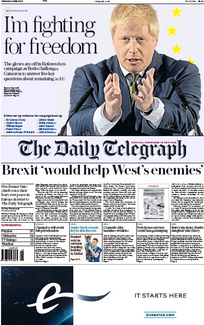 The Daily Telegraph (UK) Newspaper Front Page for 10 May 2016