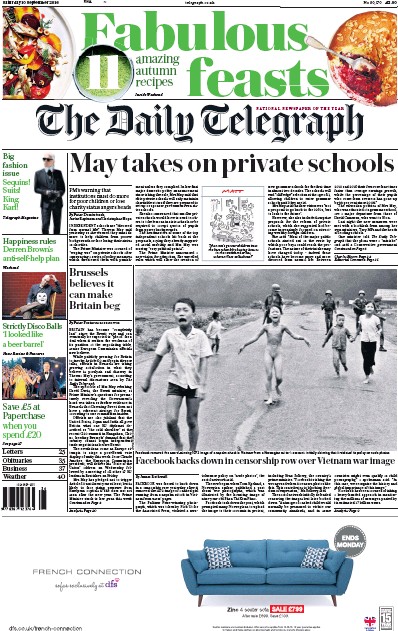 The Daily Telegraph (UK) Newspaper Front Page for 10 September 2016