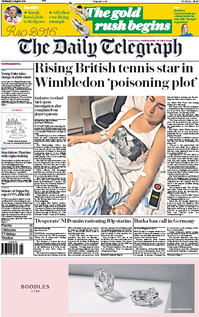 The Daily Telegraph (UK) Newspaper Front Page for 11 August 2016