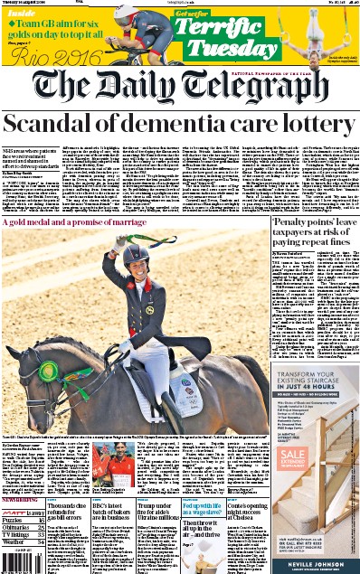The Daily Telegraph (UK) Newspaper Front Page for 16 August 2016