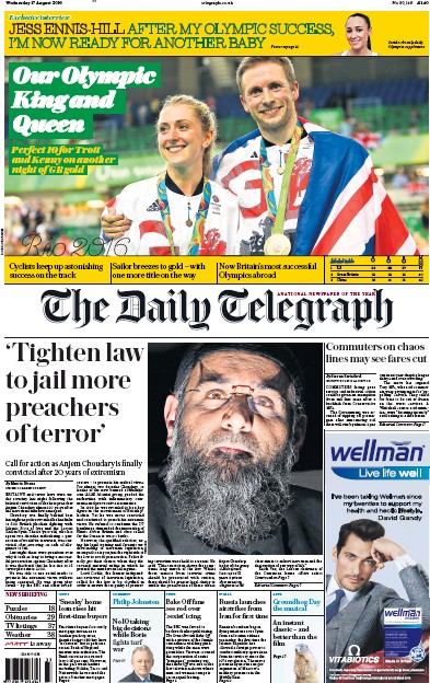 The Daily Telegraph (UK) Newspaper Front Page for 17 August 2016
