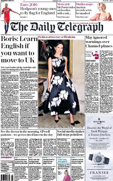 The Daily Telegraph (UK) Newspaper Front Page for 1 June 2016