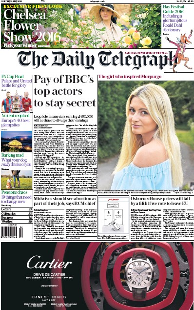 The Daily Telegraph (UK) Newspaper Front Page for 21 May 2016