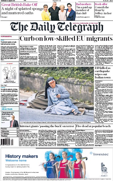 The Daily Telegraph (UK) Newspaper Front Page for 25 August 2016