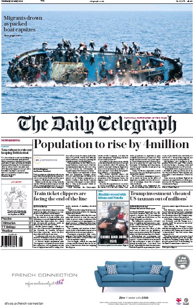 The Daily Telegraph (UK) Newspaper Front Page for 26 May 2016