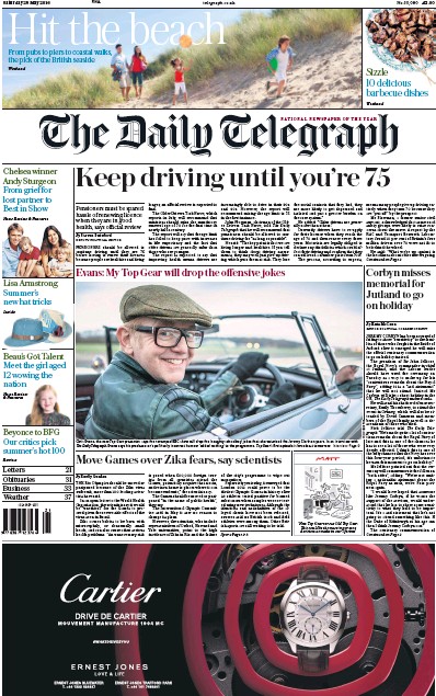 The Daily Telegraph (UK) Newspaper Front Page for 28 May 2016