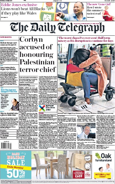 The Daily Telegraph Newspaper Front Page for 29 May 2017