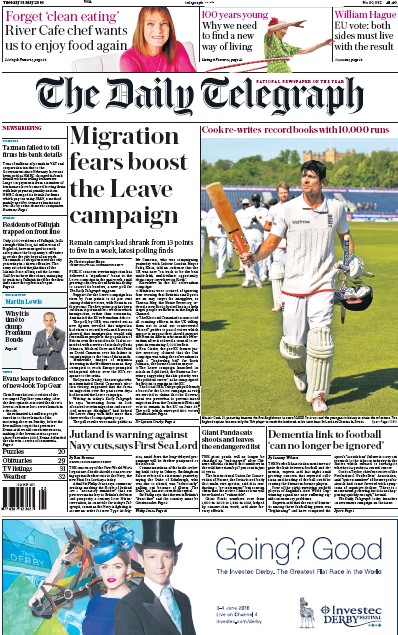 The Daily Telegraph (UK) Newspaper Front Page for 31 May 2016