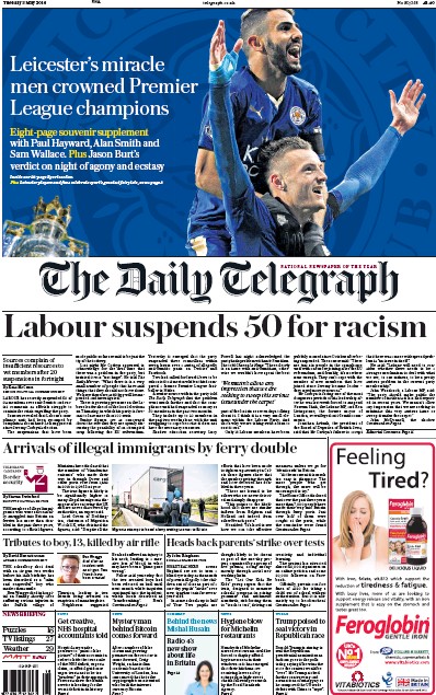 The Daily Telegraph (UK) Newspaper Front Page for 3 May 2016