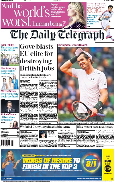 The Daily Telegraph (UK) Newspaper Front Page for 4 June 2016