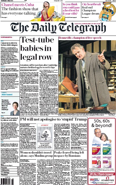 The Daily Telegraph (UK) Newspaper Front Page for 5 May 2016