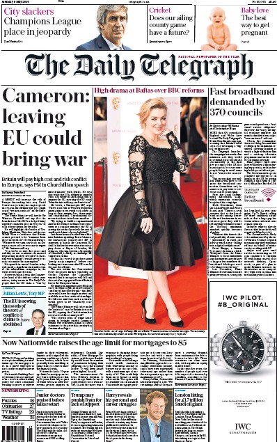 The Daily Telegraph (UK) Newspaper Front Page for 9 May 2016