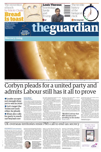 The Guardian (UK) Newspaper Front Page for 10 May 2016