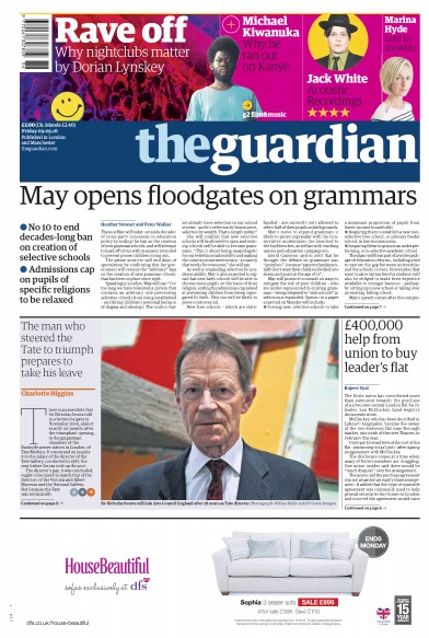 The Guardian (UK) Newspaper Front Page for 10 September 2016