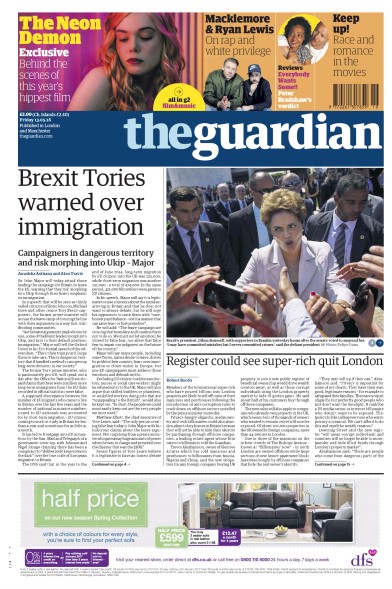 The Guardian (UK) Newspaper Front Page for 13 May 2016
