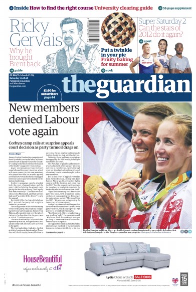 The Guardian (UK) Newspaper Front Page for 13 August 2016