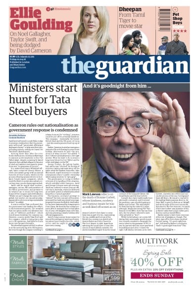 The Guardian (UK) Newspaper Front Page for 1 April 2016