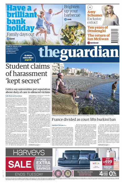 The Guardian (UK) Newspaper Front Page for 27 August 2016