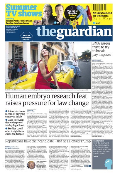 The Guardian (UK) Newspaper Front Page for 5 May 2016