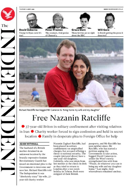 The Independent (UK) Newspaper Front Page for 10 May 2016