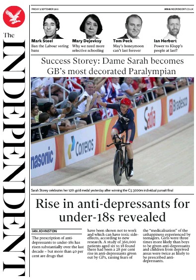 The Independent (UK) Newspaper Front Page for 10 September 2016