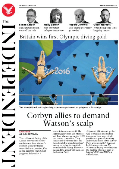 The Independent (UK) Newspaper Front Page for 11 August 2016