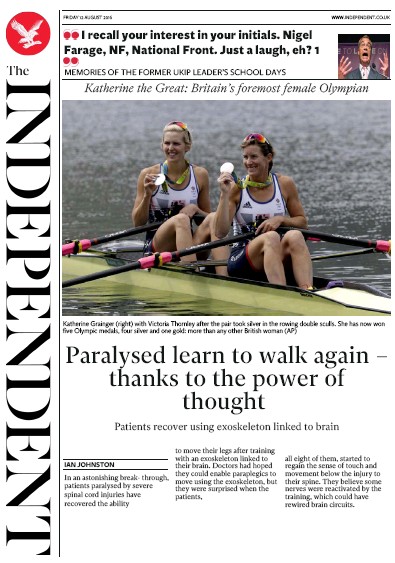 The Independent (UK) Newspaper Front Page for 12 August 2016