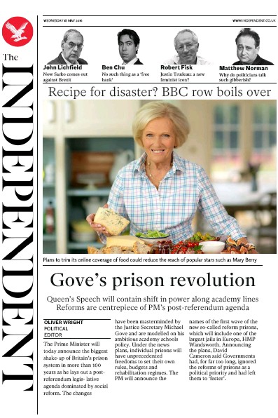 The Independent (UK) Newspaper Front Page for 18 May 2016