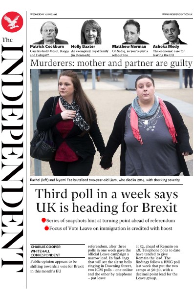 The Independent (UK) Newspaper Front Page for 1 June 2016