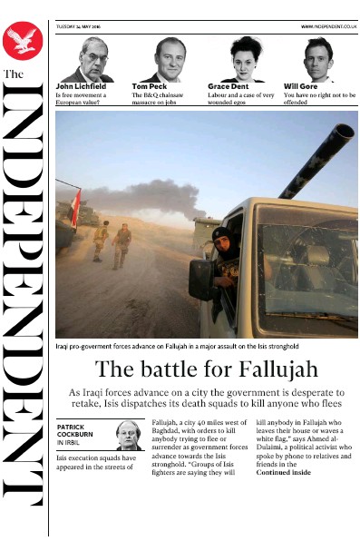 The Independent (UK) Newspaper Front Page for 24 May 2016