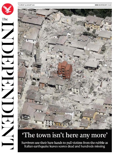The Independent (UK) Newspaper Front Page for 25 August 2016