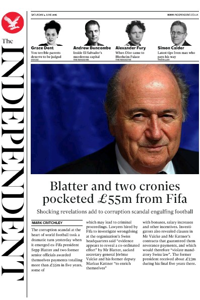 The Independent (UK) Newspaper Front Page for 4 June 2016