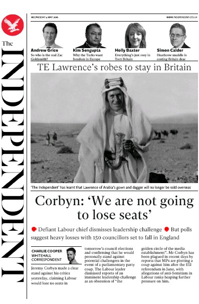 The Independent (UK) Newspaper Front Page for 5 May 2016