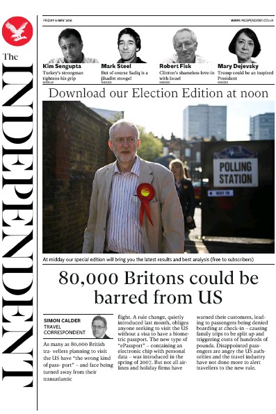 The Independent (UK) Newspaper Front Page for 7 May 2016