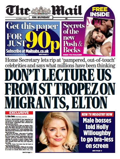 The Mail on Sunday Newspaper Front Page for 1 October 2023