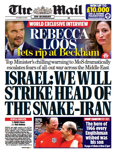 The Mail on Sunday Newspaper Front Page for 22 October 2023