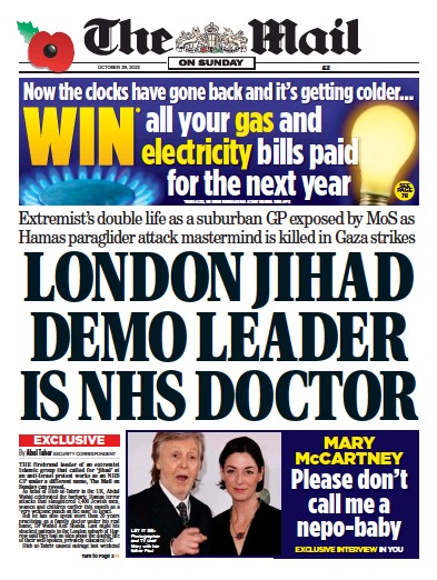 The Mail on Sunday Newspaper Front Page for 29 October 2023