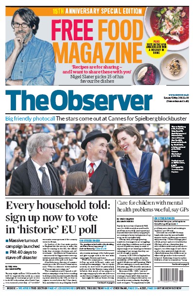 The Observer (UK) Newspaper Front Page for 15 May 2016