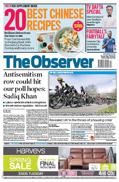 The Observer (UK) Newspaper Front Page for 1 May 2016