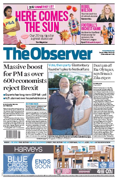 The Observer (UK) Newspaper Front Page for 29 May 2016