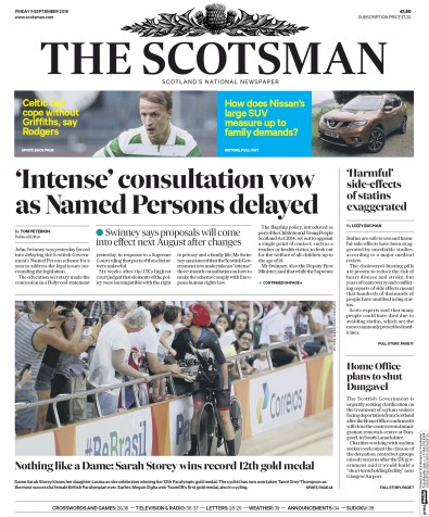 The Scotsman (UK) Newspaper Front Page for 10 September 2016