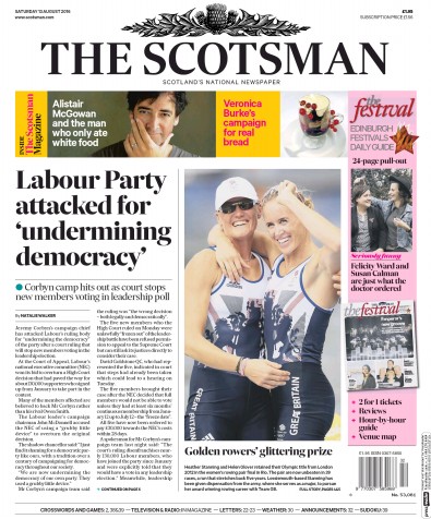 The Scotsman (UK) Newspaper Front Page for 13 August 2016