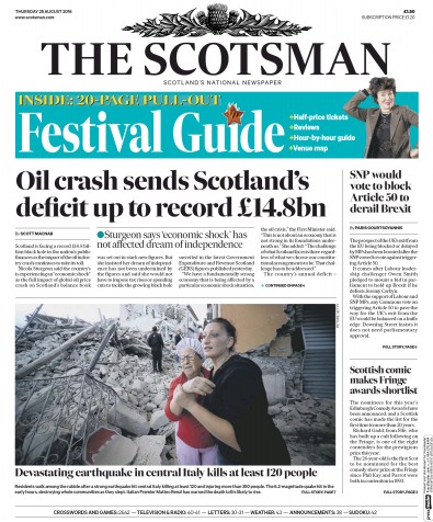 The Scotsman (UK) Newspaper Front Page for 25 August 2016