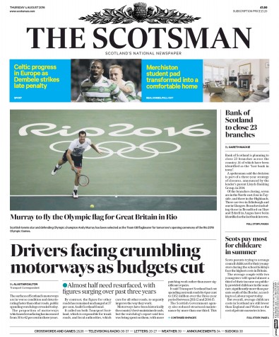 The Scotsman (UK) Newspaper Front Page for 4 August 2016