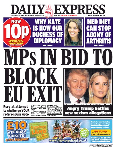 Daily Express Newspaper Front Page for 10 October 2016