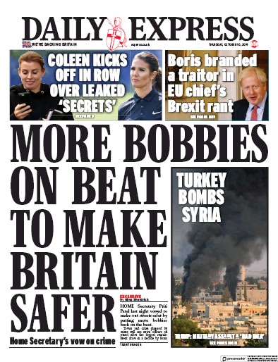 Daily Express (UK) Newspaper Front Page for 10 October 2019