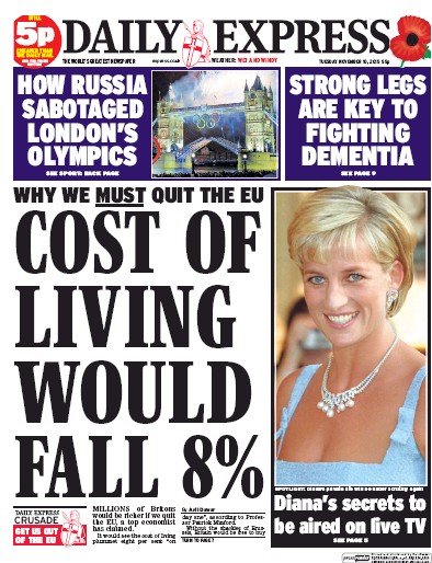 Daily Express Newspaper Front Page for 10 November 2015