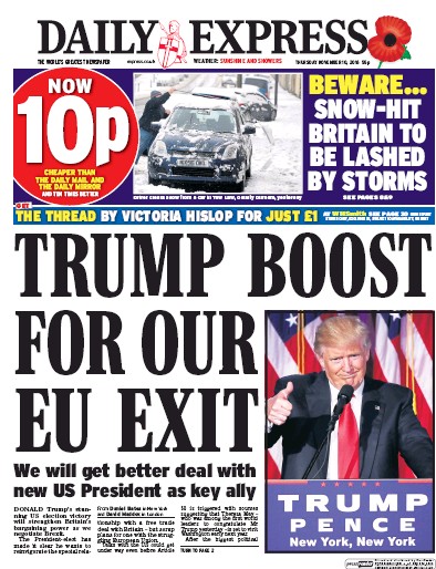 Daily Express Newspaper Front Page for 10 November 2016