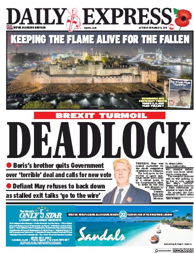 Daily Express (UK) Newspaper Front Page for 10 November 2018