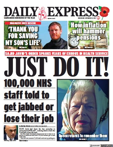 Daily Express (UK) Newspaper Front Page for 10 November 2021